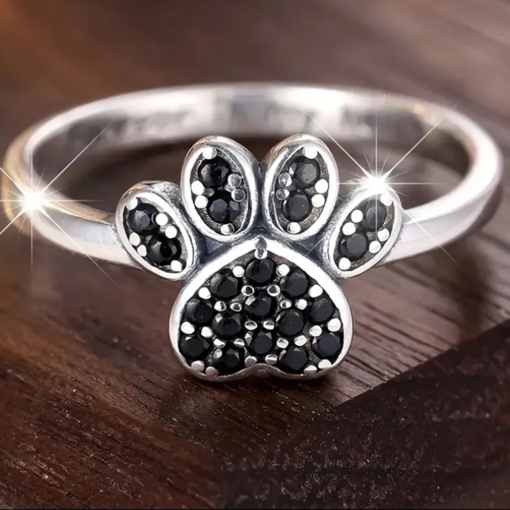 Silver Paw Print Ring with Black Rhinestones Dog Lover Jewelry - Picture 6 of 6
